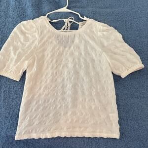 White Puff Sleeve Textured Peplum Top Size M Back Tie Detail